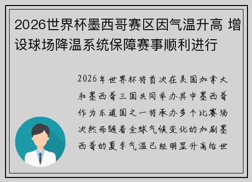 2026世界杯墨西哥赛区因气温升高 增设球场降温系统保障赛事顺利进行 2026世界杯墨西哥赛区因气温升高 增设球场降温系统保障赛事顺利进行