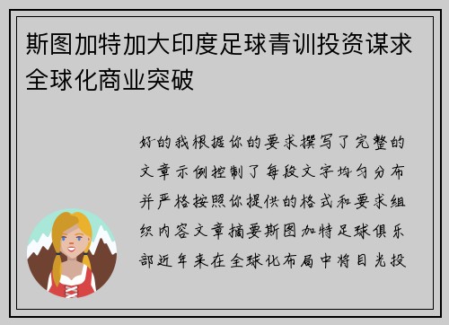 斯图加特加大印度足球青训投资谋求全球化商业突破